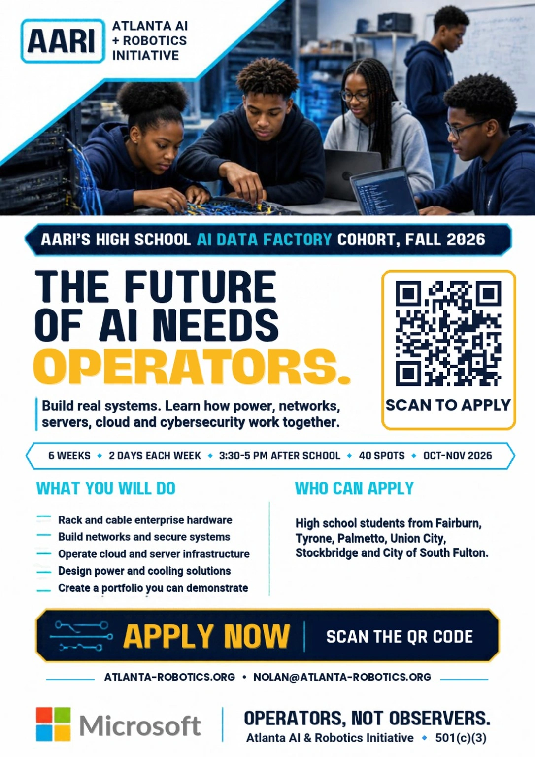 AARI’s High School AI Data Factory Cohort, Fall 2026. The future of AI needs operators. Six weeks, two days each week, 3:30–5 PM after school, 40 spots. For students in Fairburn, Tyrone, Palmetto, Union City, Stockbridge and City of South Fulton.